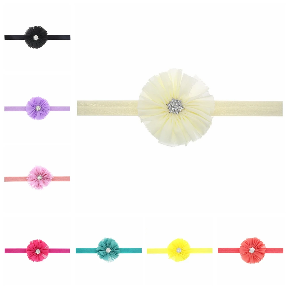 

14 Colors 7.5 CM Handmade Chiffon Flower Elastic Headband Shining Rhinestone Floral Infant Hairband Baby Girls Hair Accessories