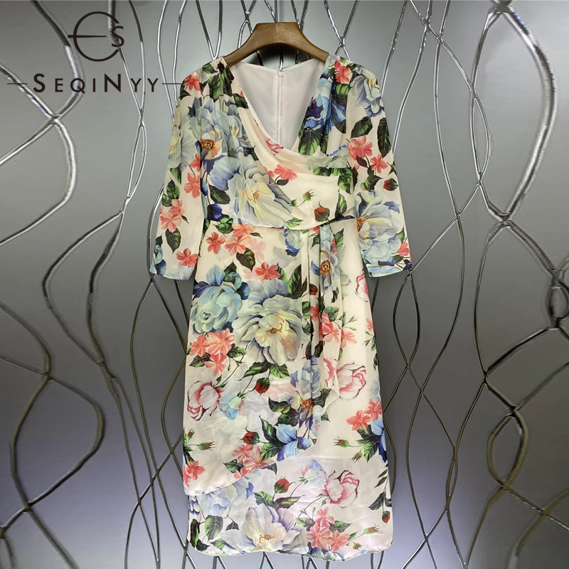 

SEQINYY Chiffon Dress Summer Spring New Fashion Design Women Runway Flower Print Elegant Midi Holiday