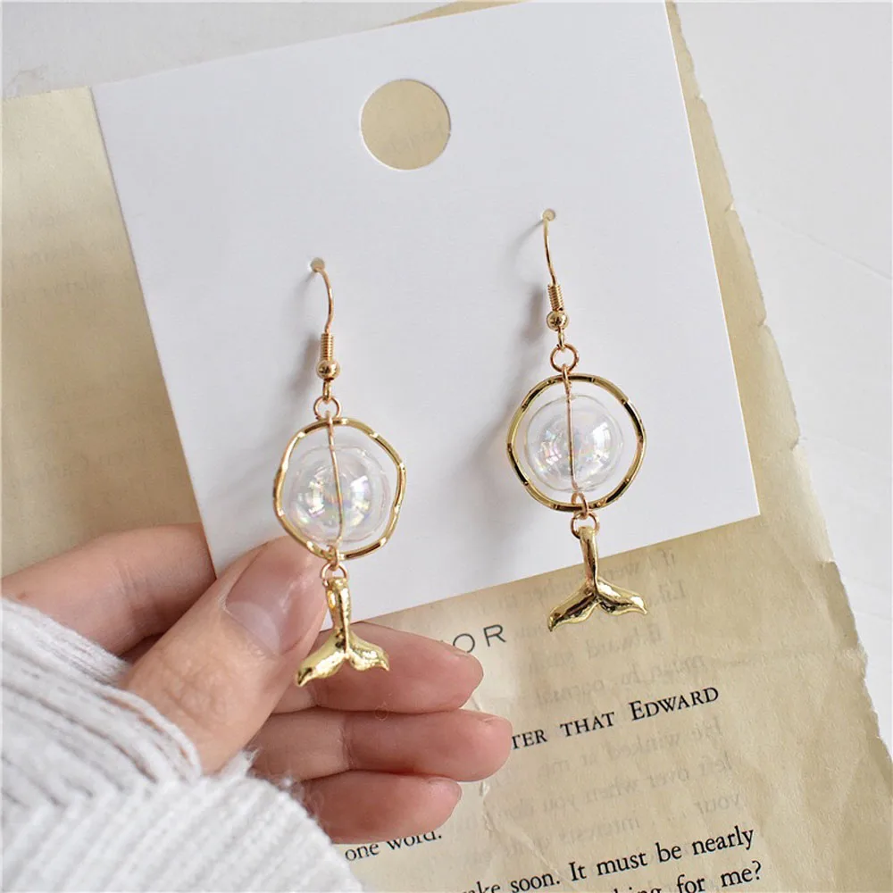 Сладкий корейский Русалка стеклянный шар Висячие Серьги Геометрические рыбий