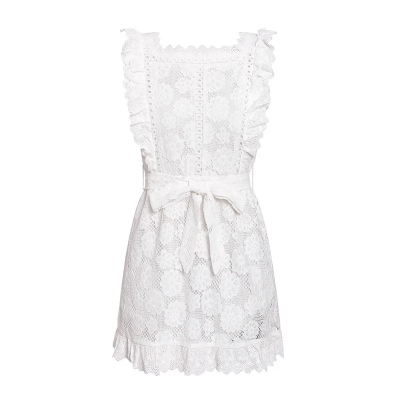 

Elegant Embroidery Lace Casual Women Dress Hollow Out Sashes Ruffles White Summer Dress Slim Sexy Party Short Mini Vestidos