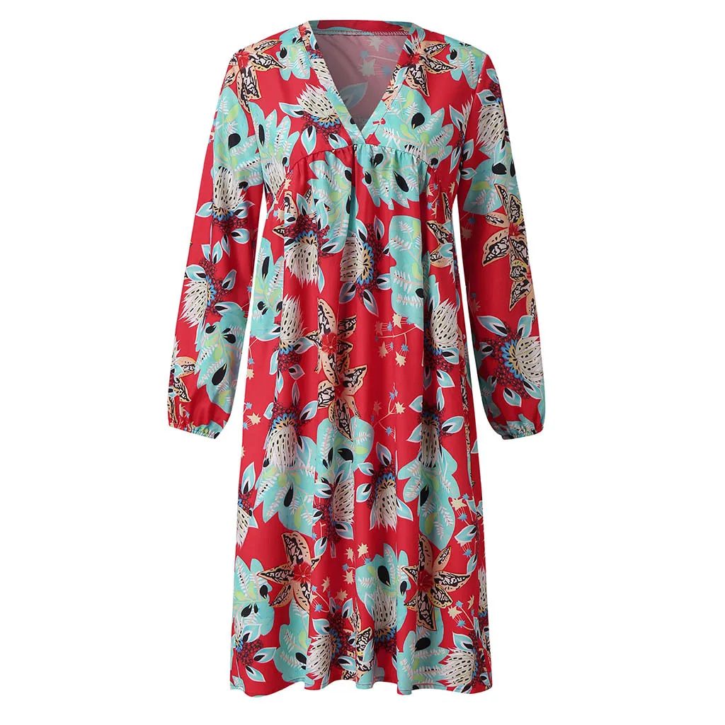 Женское платье свободного покроя с v-образным вырезом длинным рукавом и