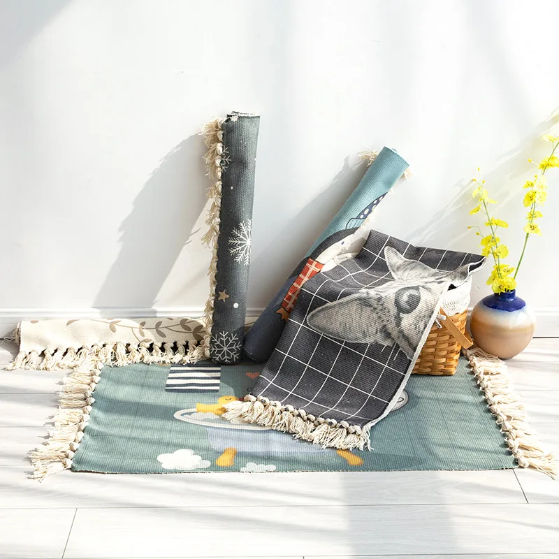 Напольный коврик из хлопка и льна ковер с кисточками для дивана журнального