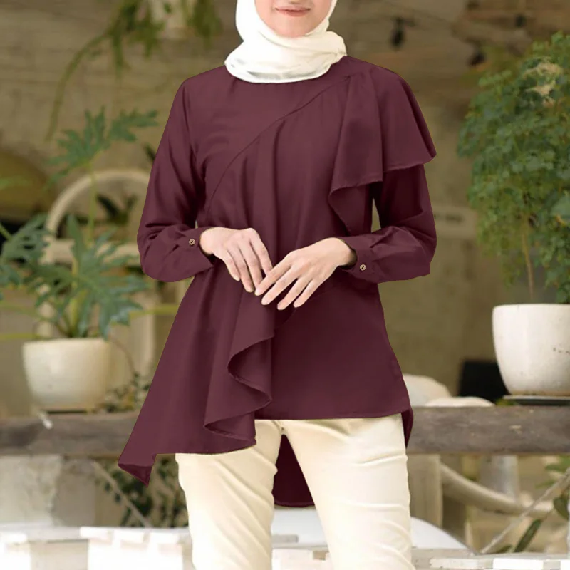 

Asymmetric Ruffles Kaftan Top Blouse ZANZEA Women Muslim Fashion Long Sleeve Blouse 2021 Casual Chemise Tunic Blusas