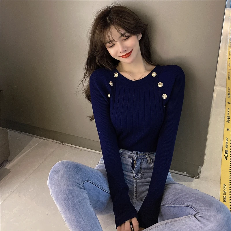 Модный вязаный свитер с золотыми пуговицами женская одежда круглым вырезом
