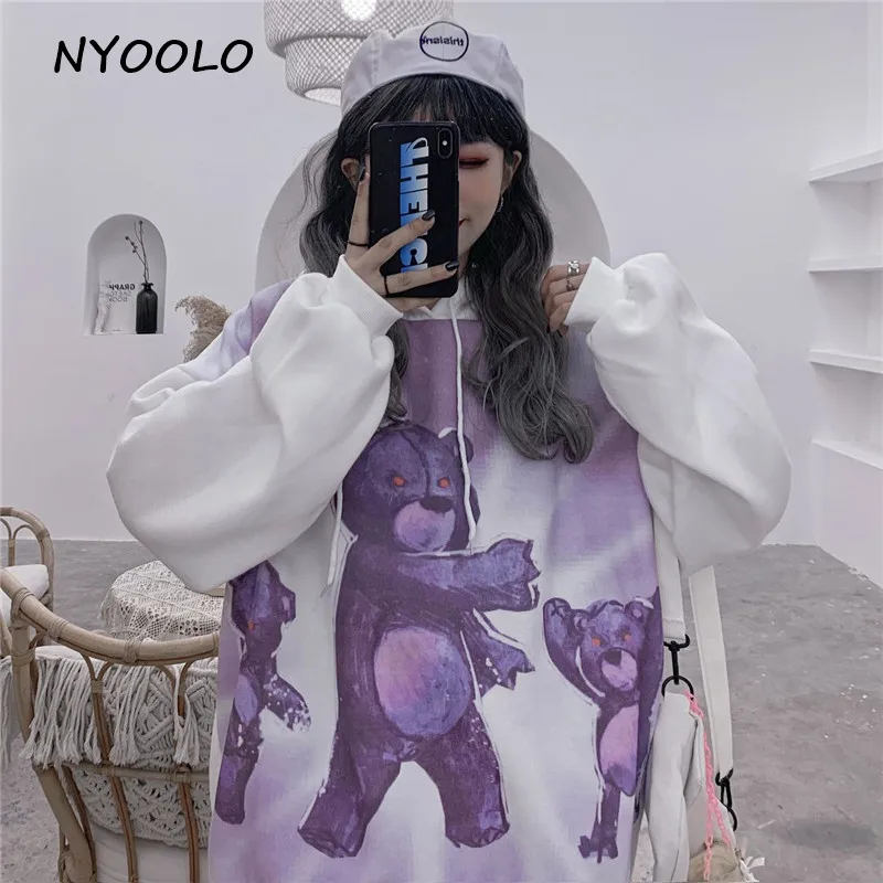 NYOOLO Харадзюку уличный мультяшный рисунок с милым медведем теплые толстовки осень зима свободный с капюшоном плюс бархатный пуловер свитер для женщин