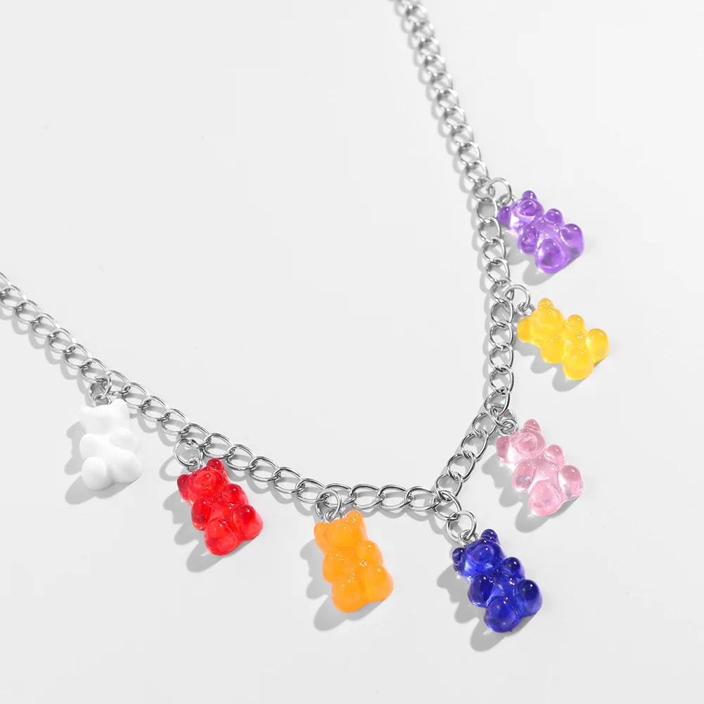 

Ins Candy Color Gummy Bear Pendant Necklace For Women Colorful Cartoon Resin Bear Choker Tennis Chain Necklace Hip Pop Jewelry