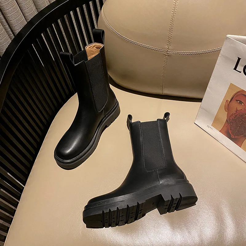 

Women Autumn Platform Mid Calf Boots Female Round Toe Punk Motorcycle Boot Split Leather Zipper Ladies Low Heel Shoes
