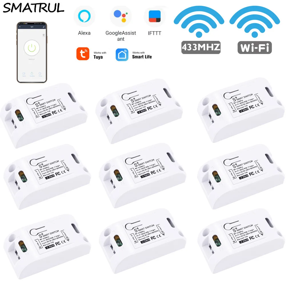 SMATRUL Tuya Smart Life APP Wi-Fi+ RF 433 МГц DIY релейный таймер модуль Google Home Amazon Alexa 110 В 220 В 10 А для переключателя, светильник, вентилятор