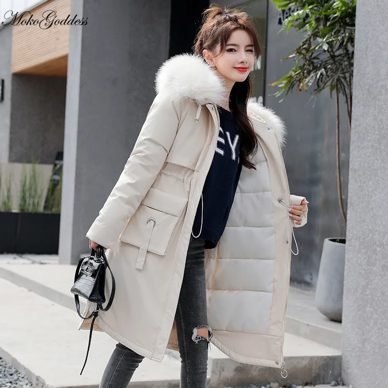 Женская куртка с капюшоном MokoGoddess теплая однотонная парка меховым воротником и