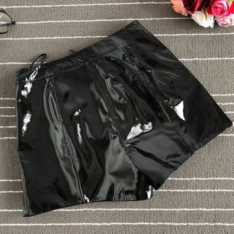 Streetwear Black Sheepskin Real Leather Shorts Women Punk Biker Shorts New Fashion High Waist Lace Up Wide Leg Shorts