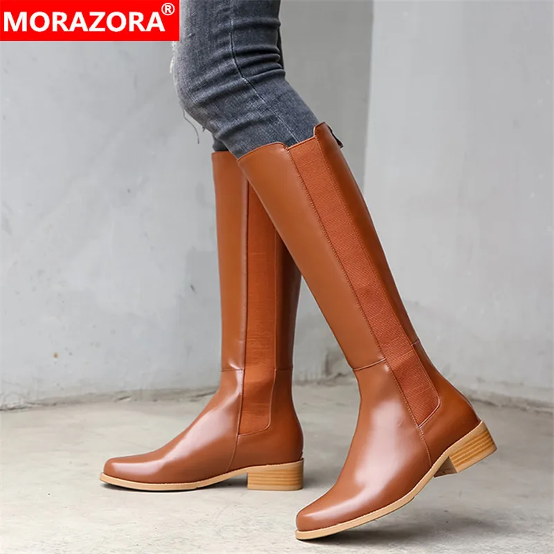 MORAZORA/ г., Новое поступление, зимние модные сапоги до колена из натуральной кожи однотонная обувь на низком каблуке с круглым носком женские ботинки