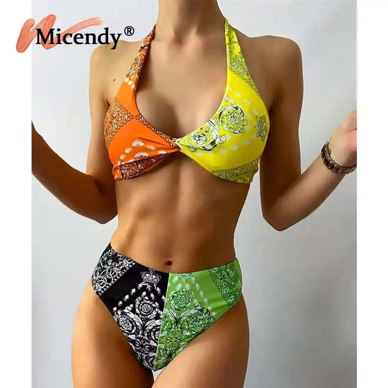 

Micendy Colorblock Bikinis Women Push Up Swimsuits Female Summer Patchwork Bathing Suits Print High Waist Bikini Sets Knotted