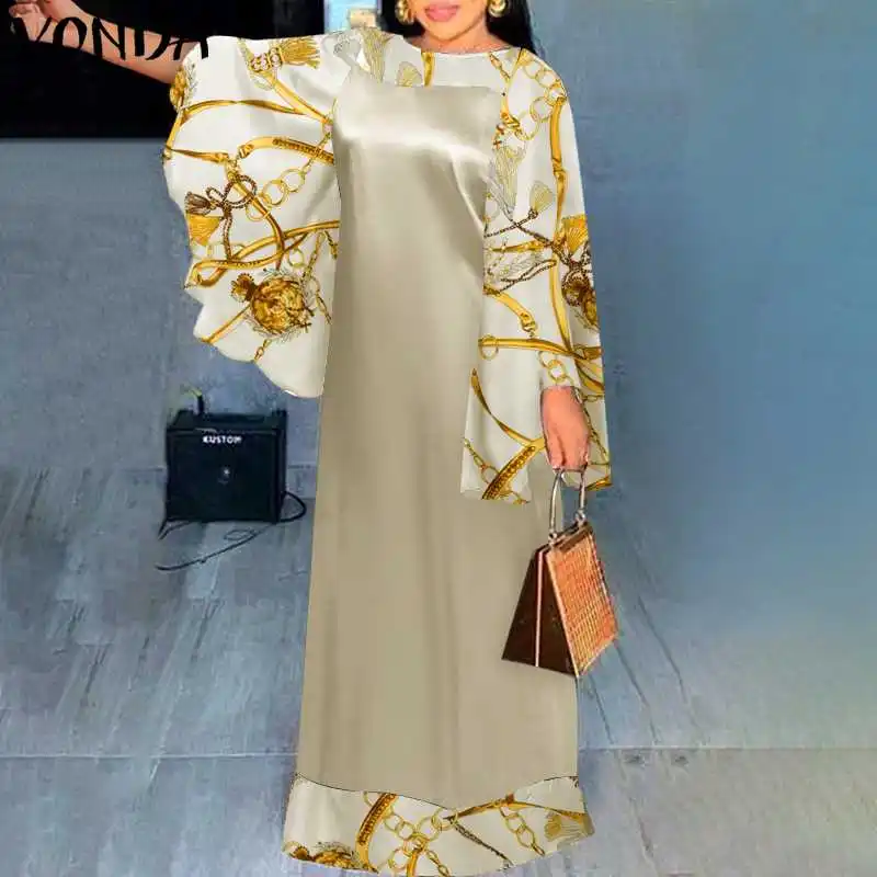 

Long Sleeve Vintage Printed Patchwork Maxi Dress 2022 VONDA Women Flare Sleeve Bohemian Dress Oversized SundressRobe Femme