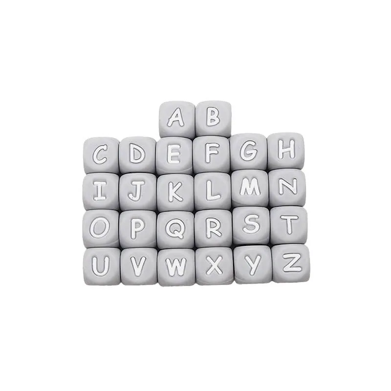 Chenkai 100pcs 12mm Silicone Grey Letter Beads Teether DIY Baby Pacifier Nursing Teething Sensory Toy Accessories Alphabet Beads