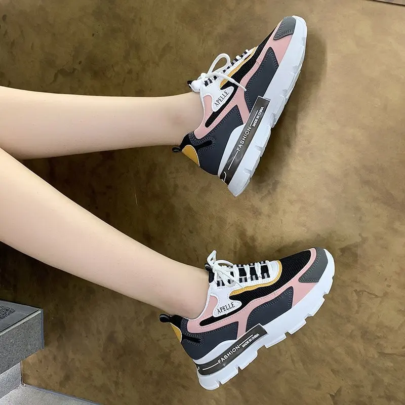 

2021 New High Quality Platform Sneakers Women Leather Mesh Sports Shoes Vulcanized Chunky Sneakers Comfortable Casual Shoes
