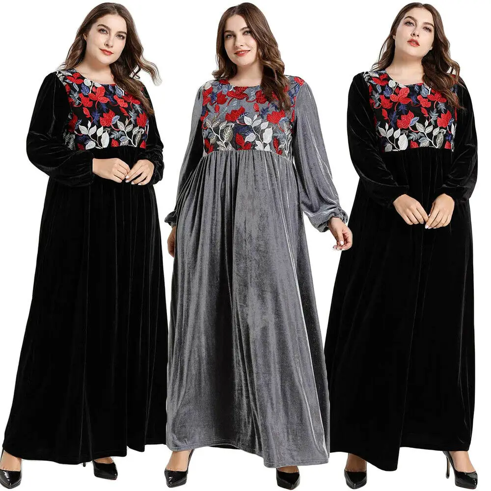 

Дубай абайя для женщин вышивка бархат кафтан Платье макси с длинным рукавом мусульманский зимний теплый свободный джилбаб исламский халат ...