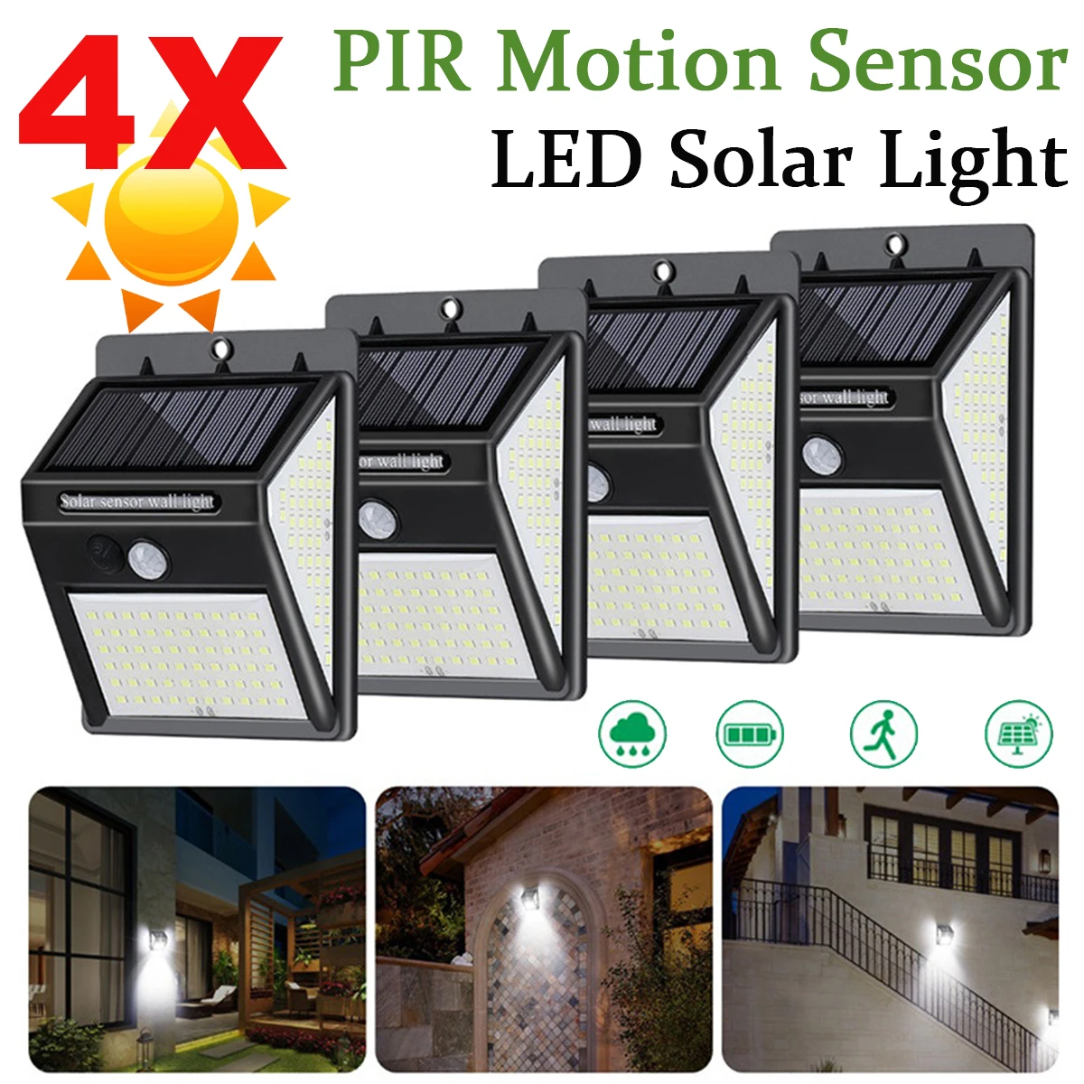 

4/2/1PCS Waterproof 100 LEDS Solar Power PIR Motion Sensor 3 Modes 270deg Wide Angle Wall Light Outdoor Yard Garden Lamp