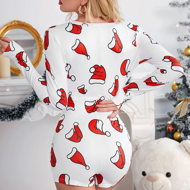Рождественский Короткий комбинезон Женское боди с принтом и длинным рукавом