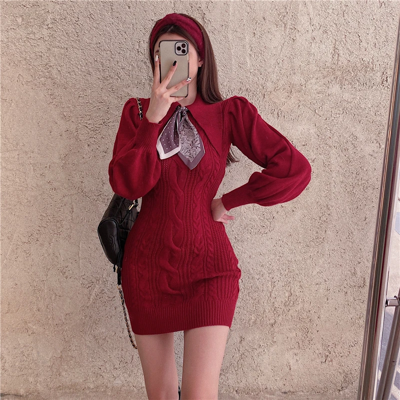 

Вязаное платье-свитер, Женское зимнее модное винтажное платье с рукавами-фонариками и отложным воротником, элегантное облегающее платье с ...