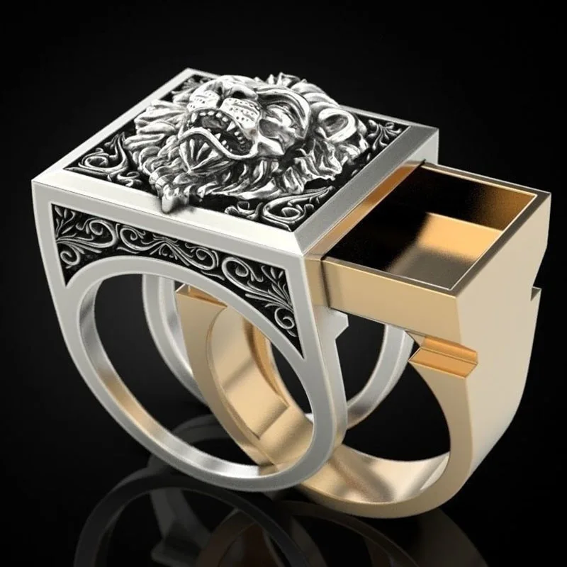 

Fashion Lion Head Two-Tone Men Rings Punk Style Party Finger Ring Hyperbole Pattern Drawer Design Male Ring Jewelry Size 7-13