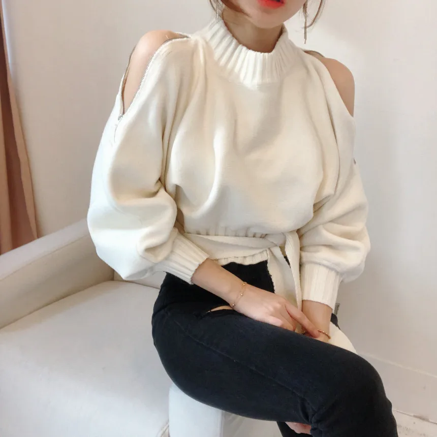 

Elegant Sweaters for Women Stand Collar Off Shoulder Sexy Crop Pullover Pull Jumper 2021 Korean Chic Knitwear Autumn