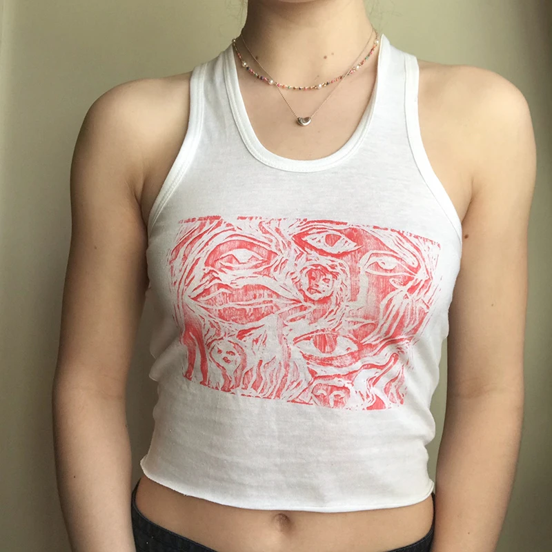 

Casual Basic Printed Camisole Women Harajuku Aesthetic Sleeveless T-shirt Cotton Crop Top Sexy Corset Vintage Clothes Iamhotty