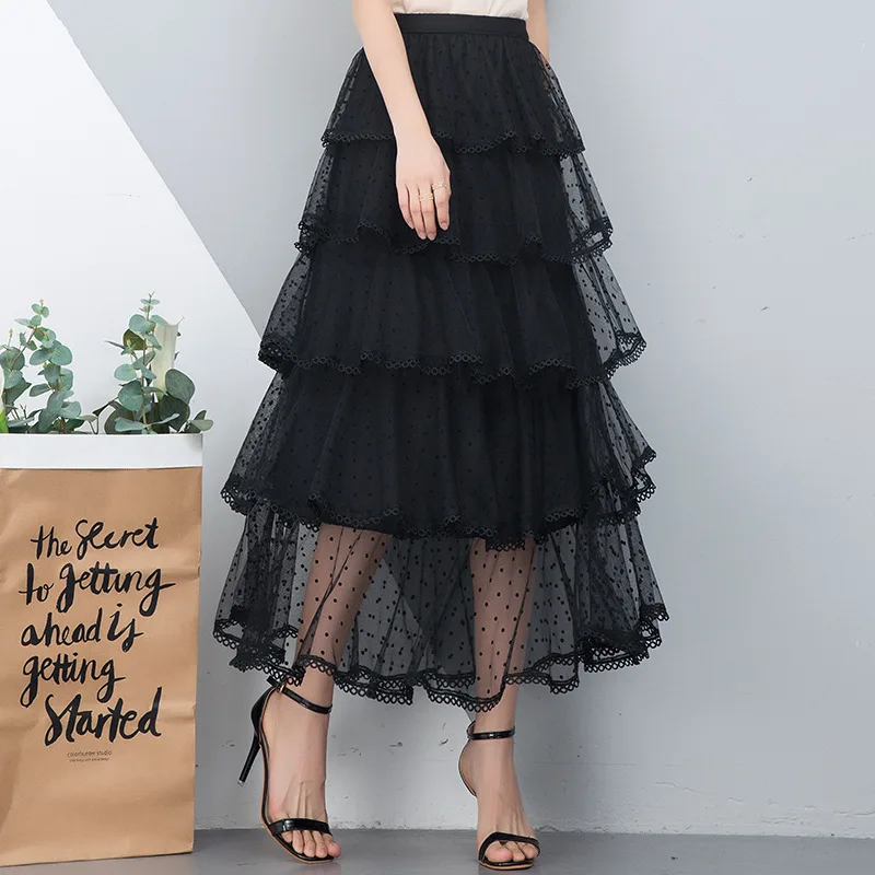 

Quality Long Tulle Skirt Women White/Black Mesh Lace Polka Dot Cake Outfit 2021 Summer Korean Fashion Elegant Vintage Clothes