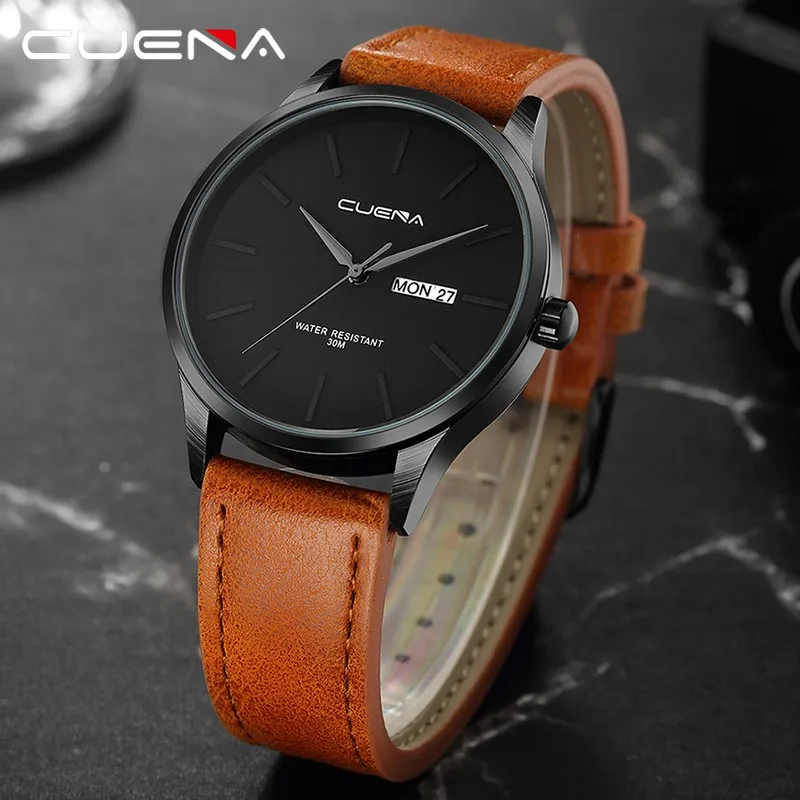 

CUENA Men Watches Men'S Leather Military Alloy Analog Date Quartz Wrist Watch Luxury Business Watches Gift Relogio Masculino