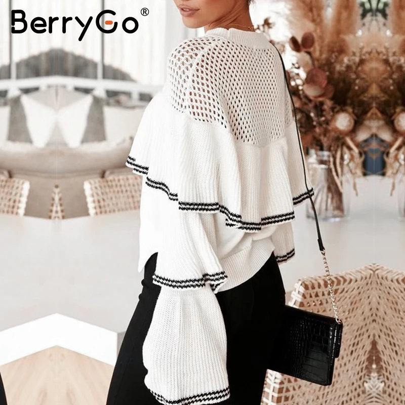 BerryGo Elegant hollow out women sweater Ruffles striped loose female pullover jumper Soft autumn winter ladies knitted sweaters | Женская