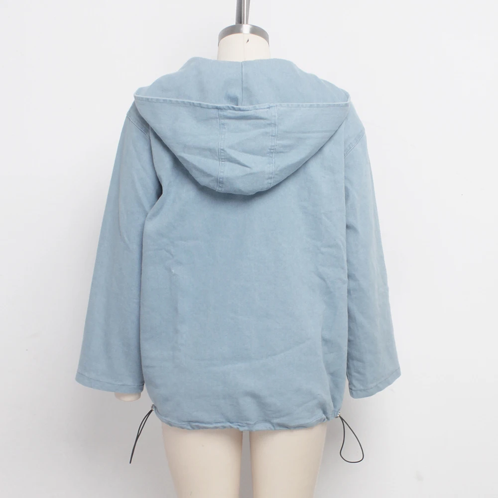 

Women Autumn Hooded Denim Top Loose Long Sleeve Front Zipper Pullovers Lady Casual Solid Color V-Neck Lace Up Streetwear