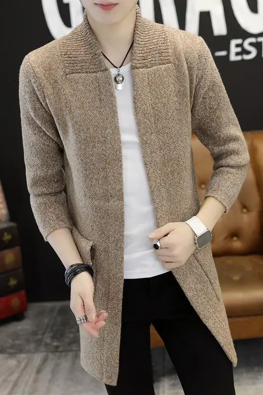 Модный мужской вязаный кардиган трикотажная одежда длинное пальто облегающий