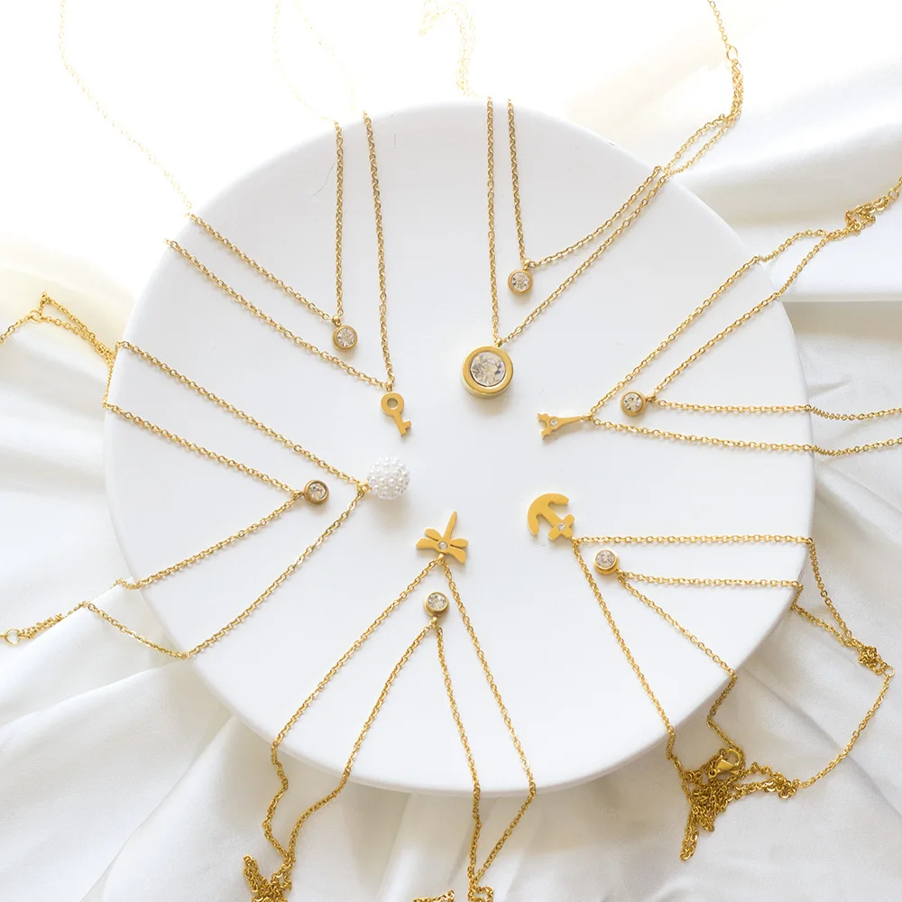 Ожерелье женское из нержавеющей стали с двойной подвеской и круглым фианитом |