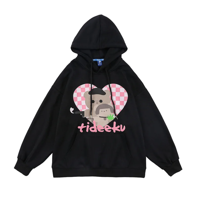 

Autumn 2021 Hip Hop Hoodie Streetwear Funny Print Love Bear Mens Harajuku Hoodie Sweatshirt Black Loose Pullover Cotton Unisex