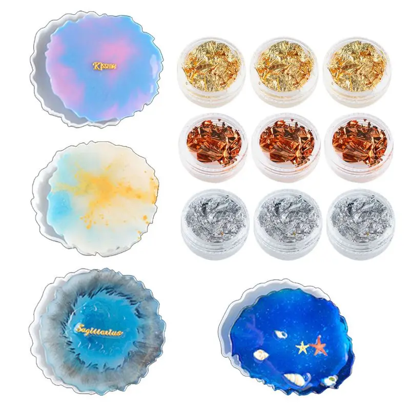 

4Pcs Irregular Wave Shape Silicone Geode Coaster Resin Molds with Foil Flakes