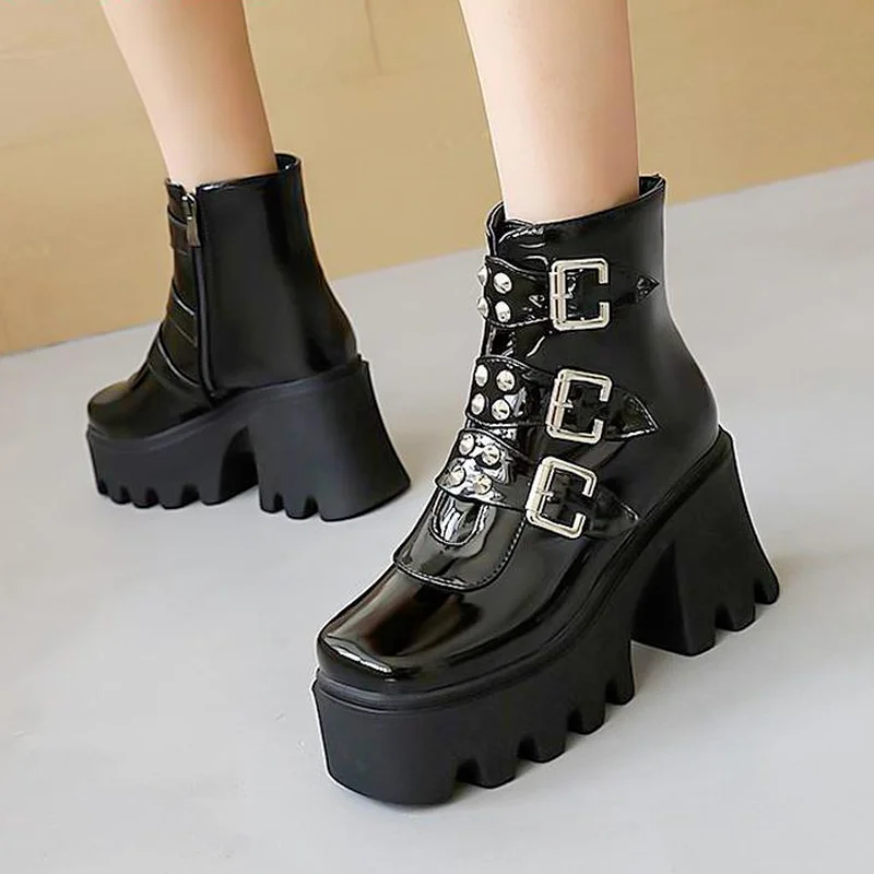 

Женские Водонепроницаемые ботинки на платформе, черные короткие ботинки на высоком массивном каблуке, с пряжкой и ремешком, с круглым носко...