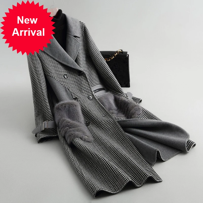 

Женская шерстяная клетчатая куртка A38026, новинка сезона осень-зима 2020, женское длинное стильное шерстяное пальто с карманами для отдыха