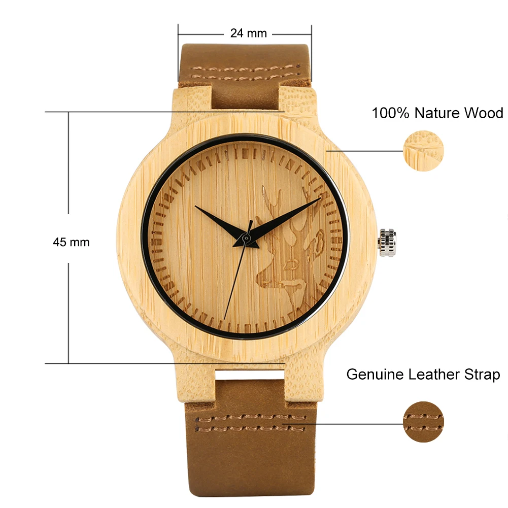 

Fashion Wood Watch for Women Engraved Deer Head Display Bamboo Wooden Watches Genuine Leather Band Quartz Wristwatch Reloj Mujer