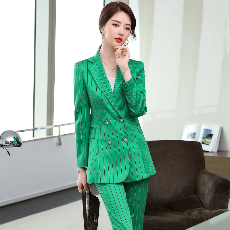 IZICFLY Autumn Winter New Style Striped Green Woman Suits With Pant Office Ladies Elegant Business Long Blazer Set and Trouser