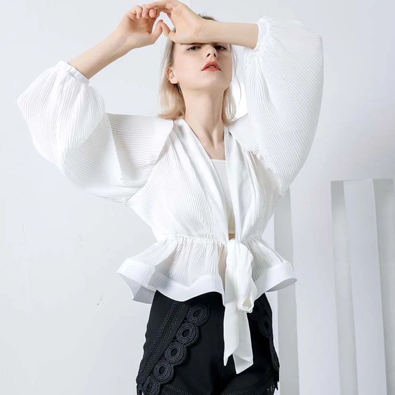 Женская шифоновая блузка с бантом и рукавами-фонариками туника высокой талией