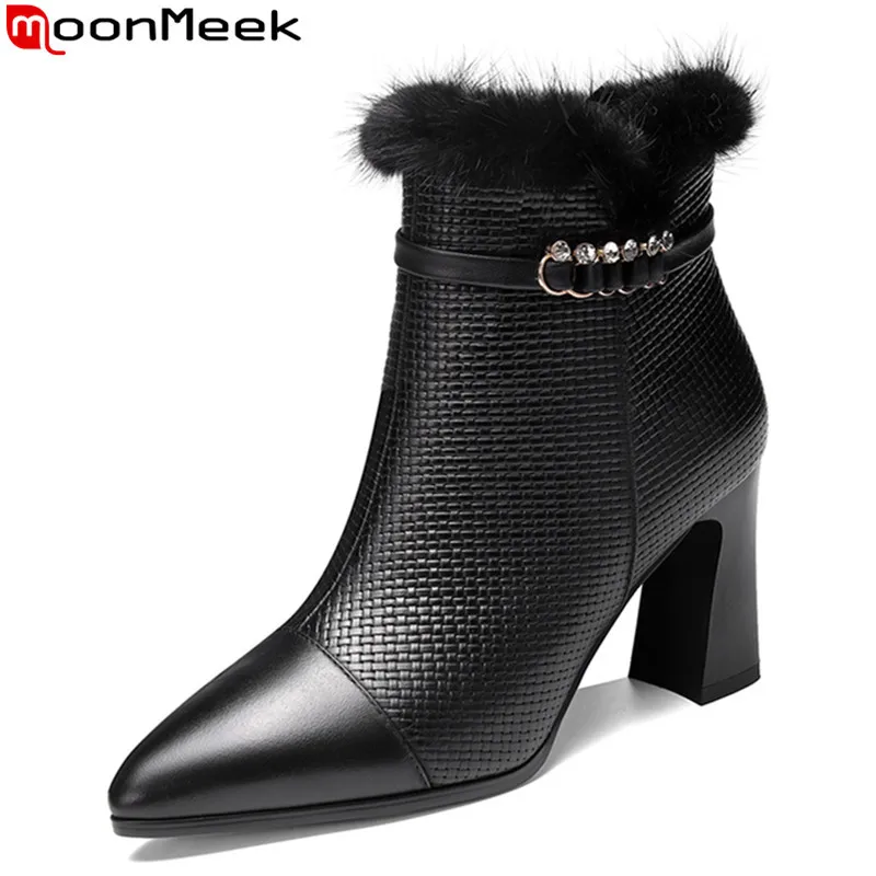 

MoonMeek 2020 large size 34-42 genuine leather ankle boots thick high heels pointed toe black beige women brand boots