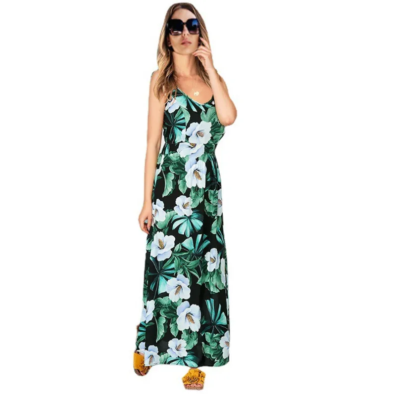 

2021 New Women Printed Flowers Long Dress Sexy V-neck Summer Holiday Beach Dress Bohemia Style Summer Clothes Drop Shipping