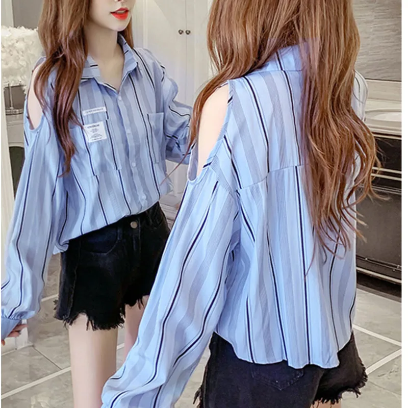 

#1923 Blue White Vertical Stripe Chiffon Shirts Long Sleeve Women Sexy Off Shoulder Shirts For Women Harajuku Loose Korean Style