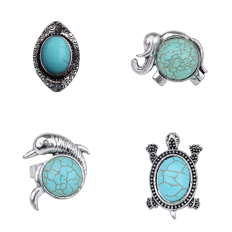 

Bohemian Ring for Women Blue Stone Tibetan Silver Color Oval Vintage Retro Exaggerated Adjustable Resizable Fashion Jewelry