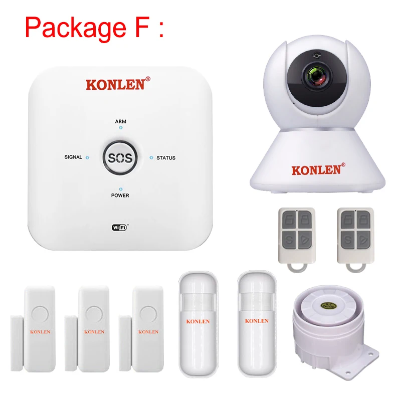 Package F KONLEN Tuya Smart Life MINI wifi GSM домашняя система охранной сигнализации Беспроводная с ip-видеокамерой Alexa Google Home Голосовое управление - Цвет: Package F