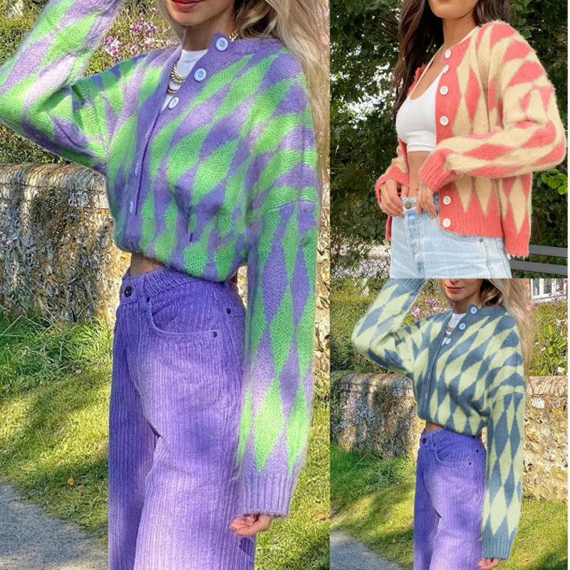 

2021 Winter Women's Sweater Single Breasted Printed Round Neck Knitted Cardigan Coat Long Sleeve Top Women Clothing Casual Tops