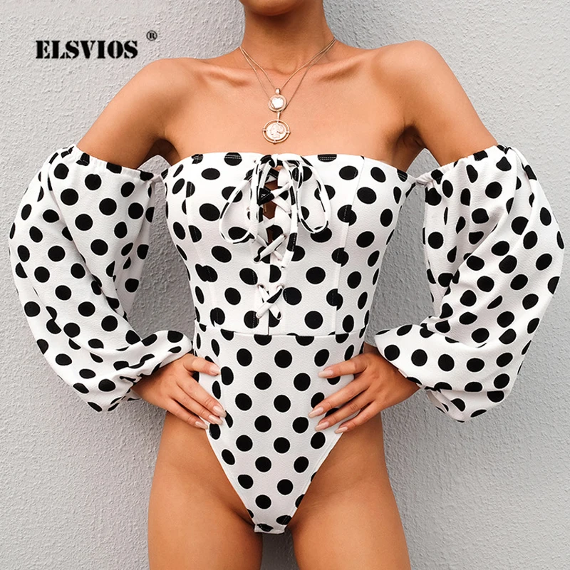 ELSVIOS без бретелек пышное с длинным рукавом Осеннее боди для женщин в горошек