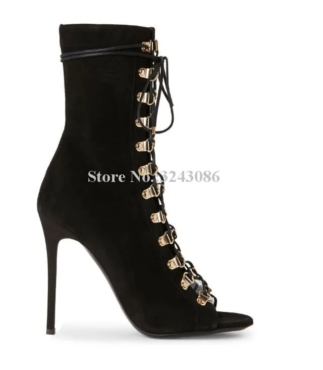 spesifikasi Fashion Wanita Telanjang Lace-Up Ankle Boots Wanita Baru Peep Toe Tumit Tinggi Cross-Tie Sepatu Bot Pendek Besar Ukuran Sepatu Pesta Dropship