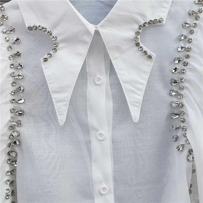 

2021 Summer New Korean Style Irregular Rhinestone Female Blouses Women Fashion Lapel Puff Sleeve Shirt High Street Buttoned Top