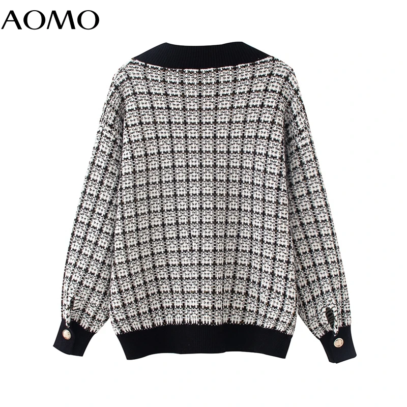 

AOMO women thick plaid loose cardigan vintage jumper lady fashion oversized knitted cardigan coat 3R08A