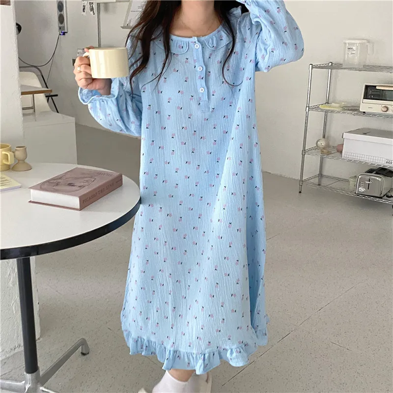 

spring new gauze cotton nightgown women sleep dress long sleeve ruffles floral print homewear nightdress ladies nightshirt D066